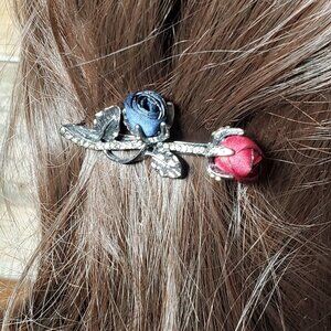 Dark Blue & Red - Petite Silk Roses Hair Barrette - Hair Clip